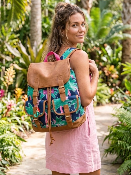 Simply Southern Handbags - Simply Southern Tropical Navy Backpack with Tan Trim and Pink Accents EUC